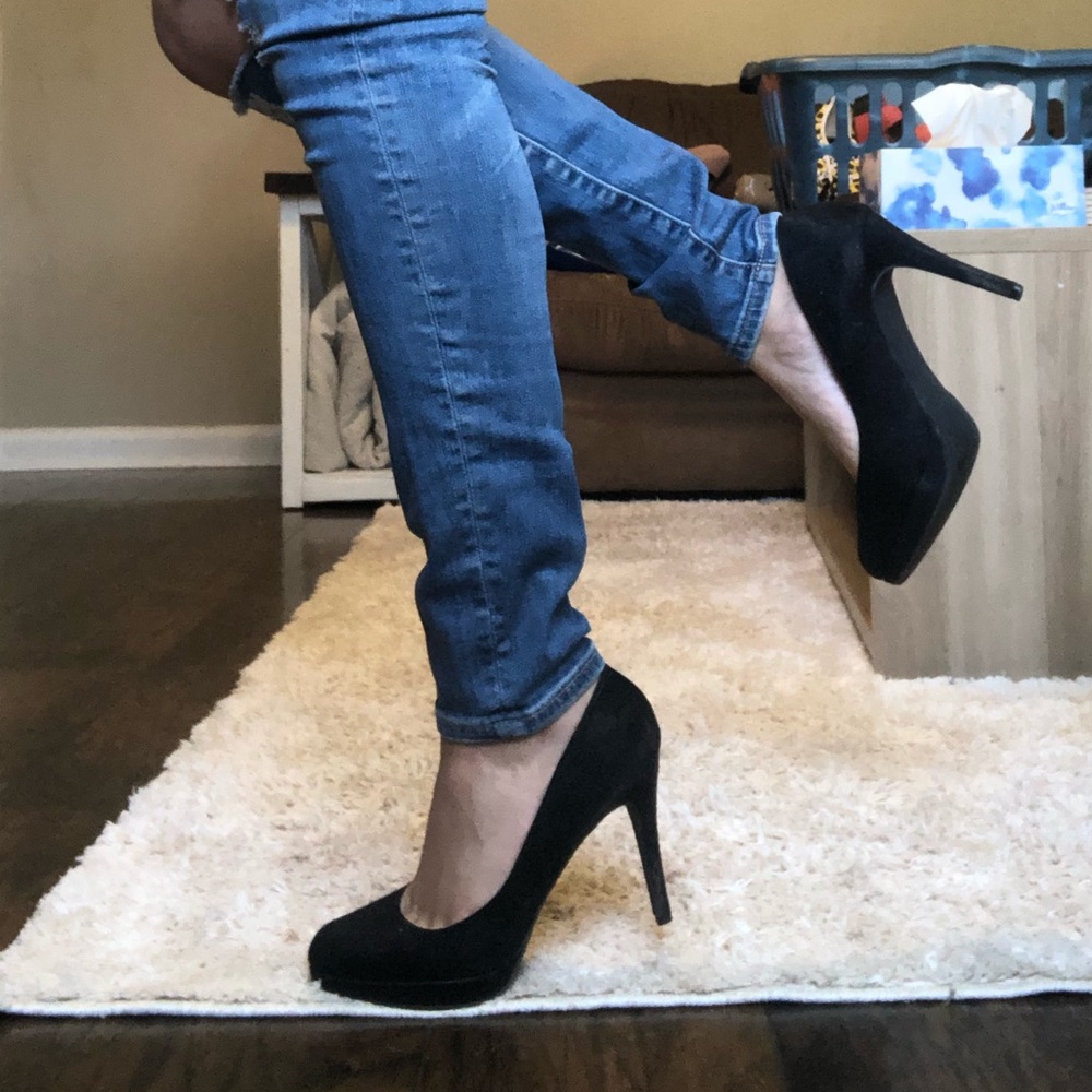 Solid black suede high heels
